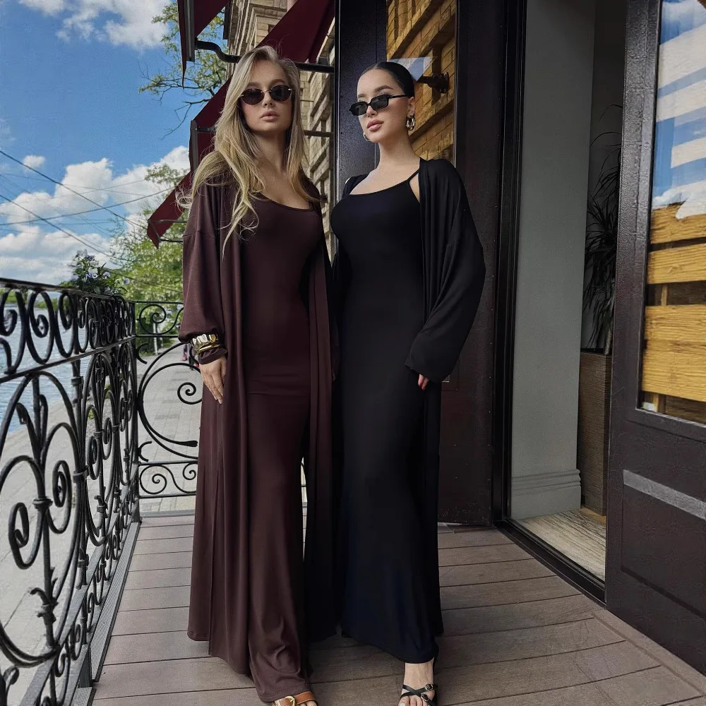 Ensemble de robe d'été tendance pour femmes, robes décontractées, robe à bretelles élégante et manteau Long, ensemble deux pièces, vêtements pour femmes