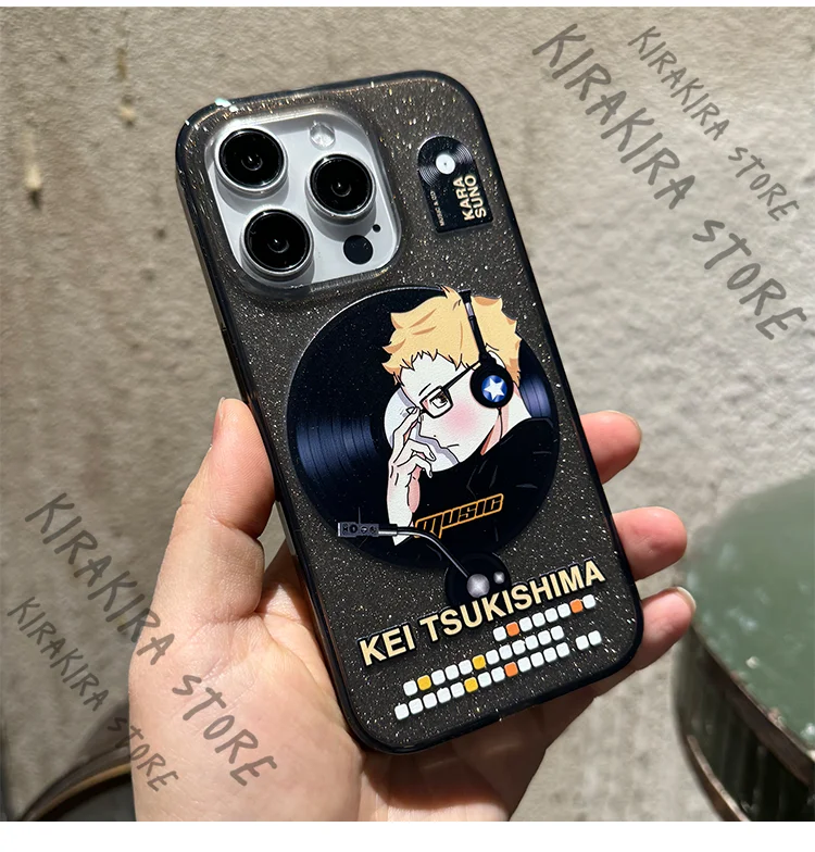 

Haikyuu!! Kei Tsukishima Mobile Phone Shell Cosplay Anime CD Magnetic Black Glitter Phones Case Ornaments Accessories Gifts