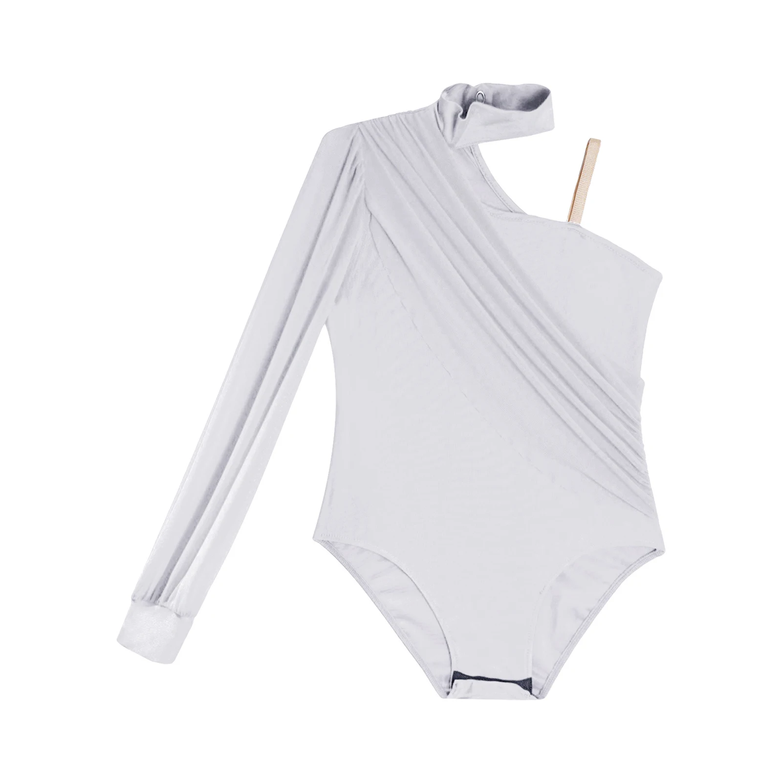 

Kids Girls Ballet Dancewear One Shoulder Leotard Performance Costume Mock Neck Long Sleeve Jumpsuit Ruched Mesh Overlay Bodysuit