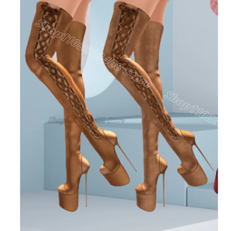 Brown Platform Stiletto Boots Cross Band Round Toe British Style Fashion for Women Spring Over Knee Boots Zapatos Para Mujere