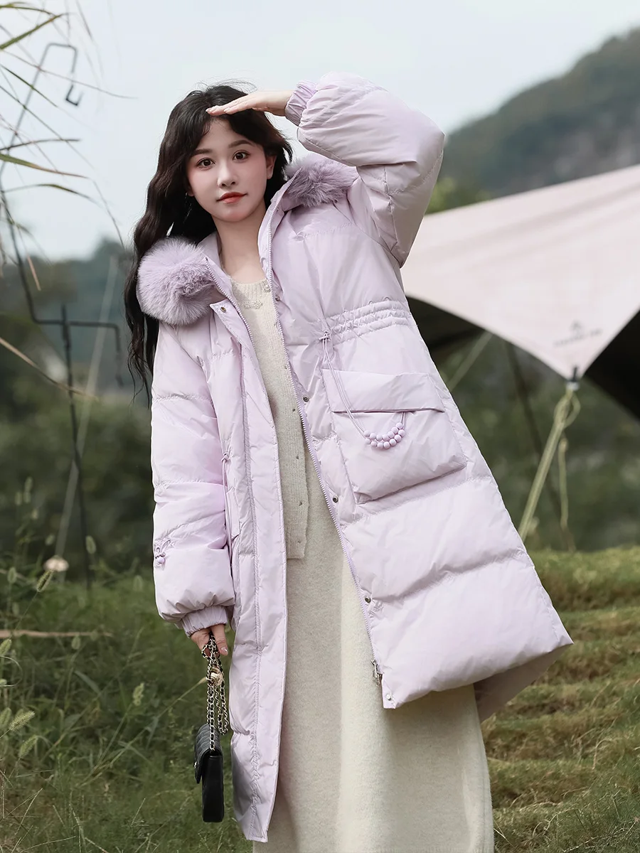

Женское пуховое пальто средней длины с воротником из искусственного меха, белое, в корейском стиле, для повседневной носки, однотонное...