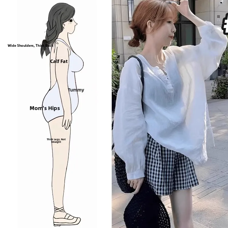 

Slim Fit V-Neck Long Sleeve Shirt Casual Loose Style Spring Autumn Two-Piece Set Short Pants Women's Fashion Trend