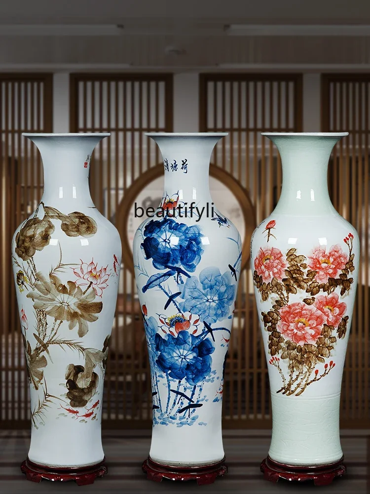 

Jingdezhen Hand Painted Lotus Living Room Floor Ceramic Vase Company Decorations Large Ornaments