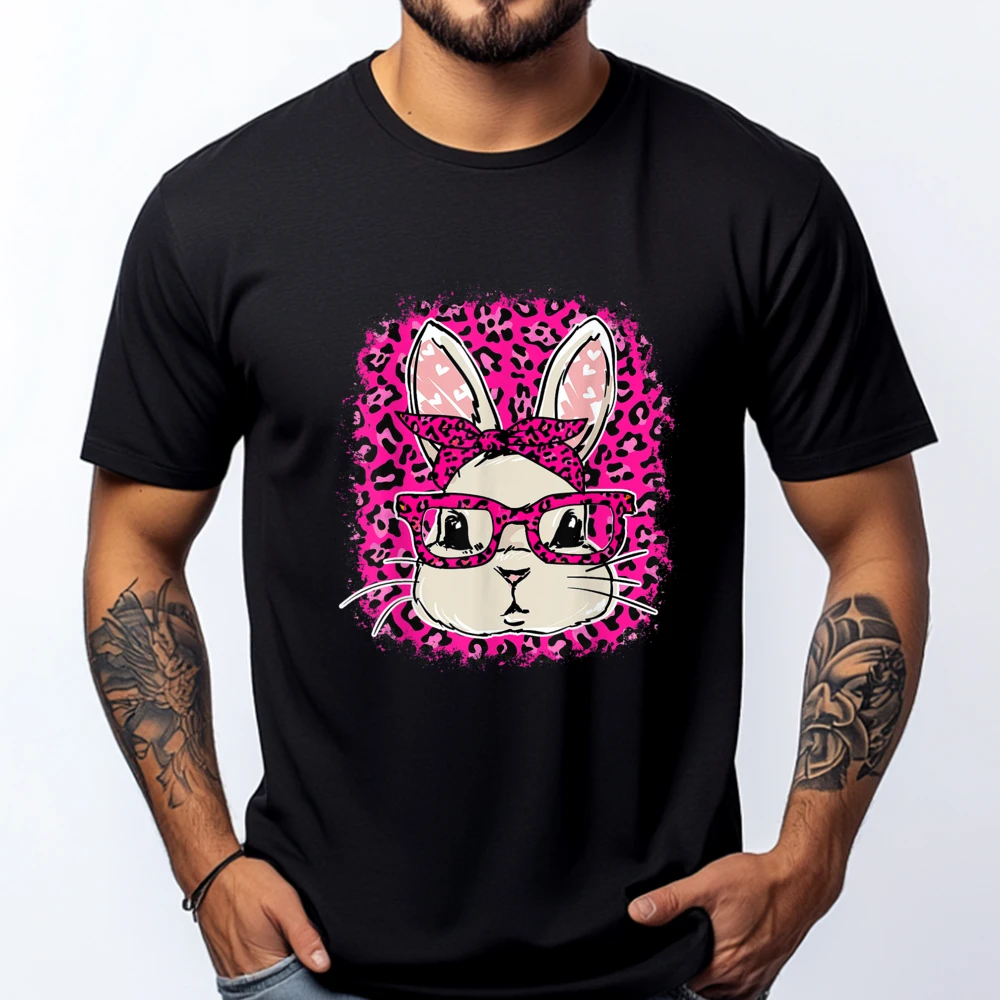 

Bunny Leopard Pink Wearing Glasses Happy Easter Day Bleached Plus Size Men Clothing Camisetas De Hombre Large Size Thanksgiving