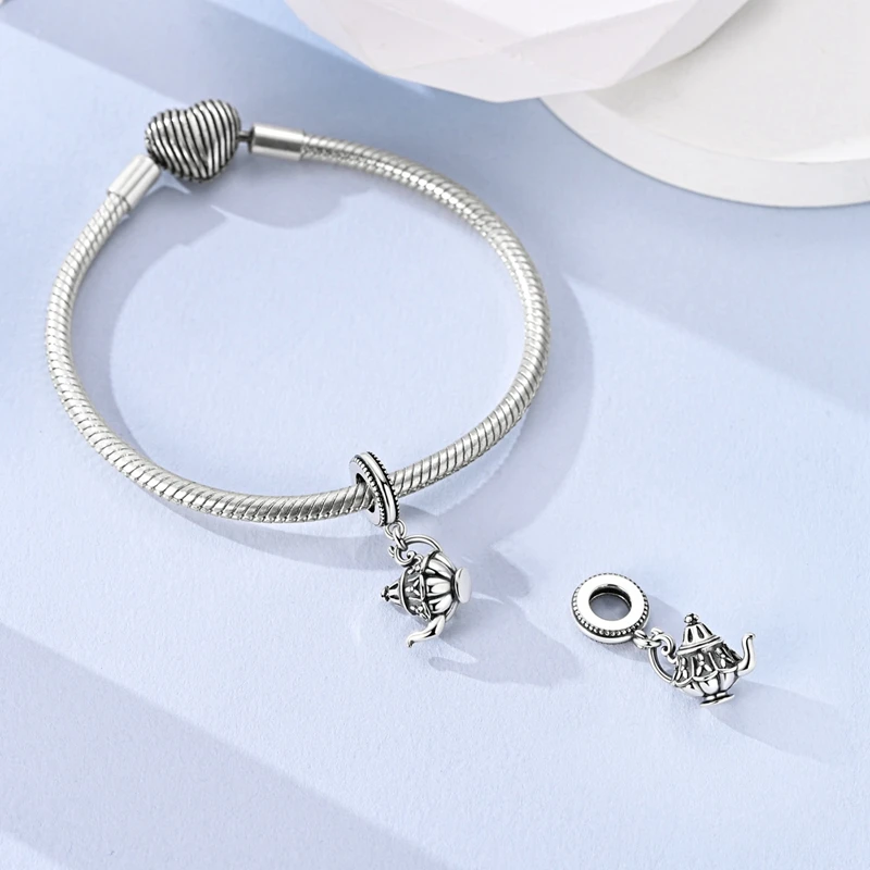 925 Sterling Silver Charms Bead CZ Zircon Silver Teapot Pendants DIY Jewelry Woman Gift
