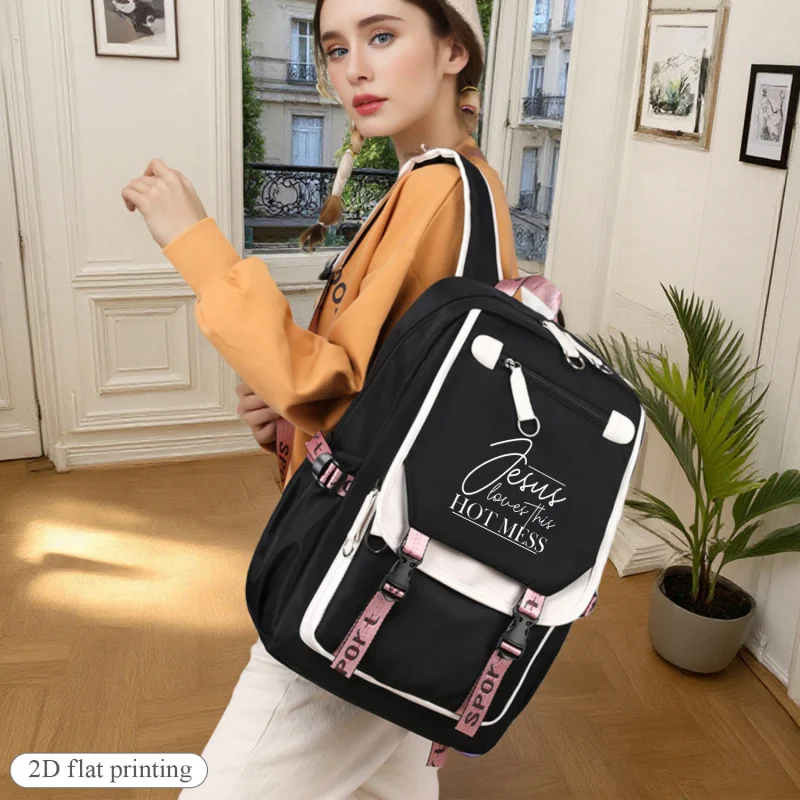 

1 шт. Иисус вмещает модный рюкзак с принтом «горячее послание» — стильный дизайн с цветными блоками и несколькими отделениями, прочный полиэстер