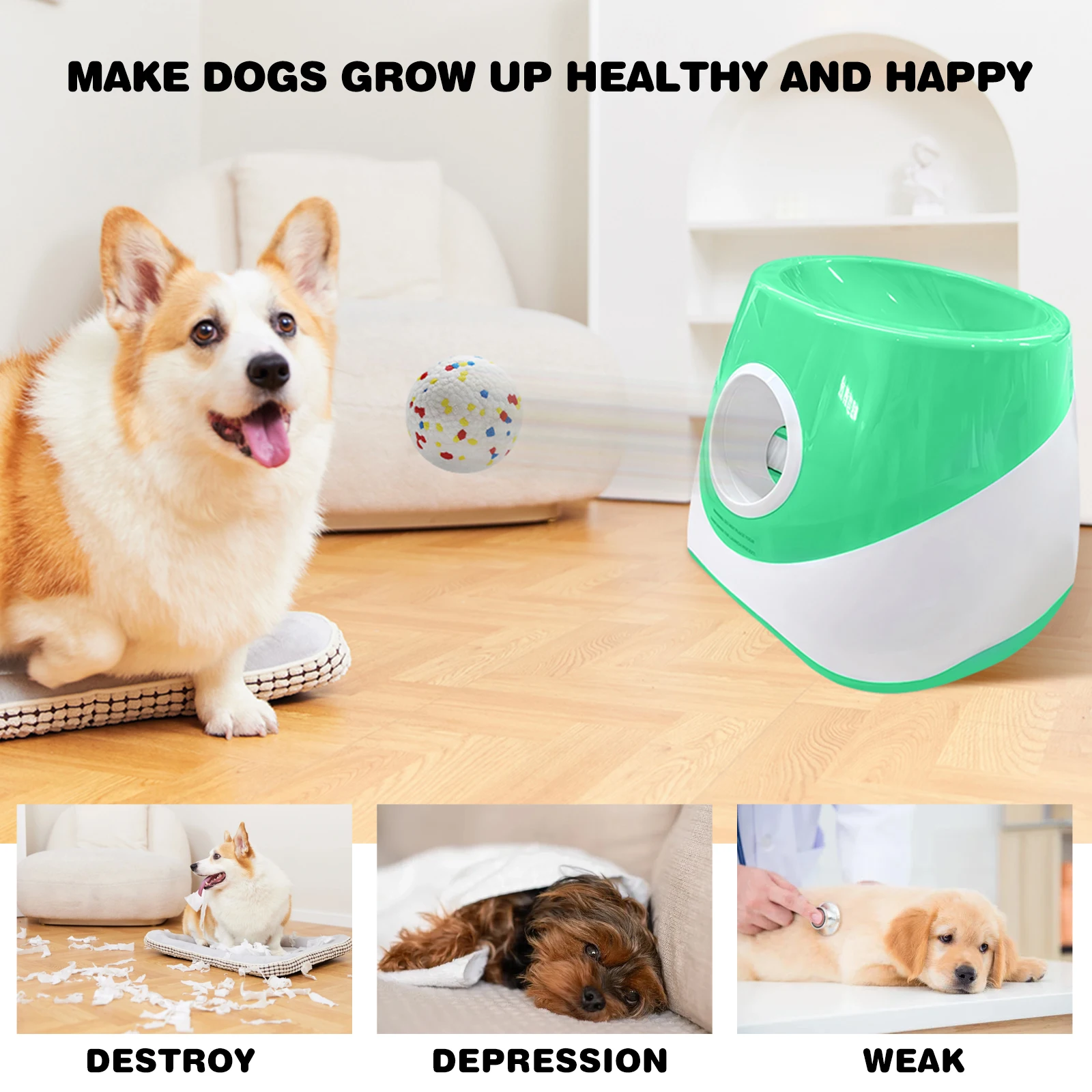 قاذفة كرة الكلب الأوتوماتيكية مع 3 مسافة للكلاب المتوسطة والصغيرة (أخضر)