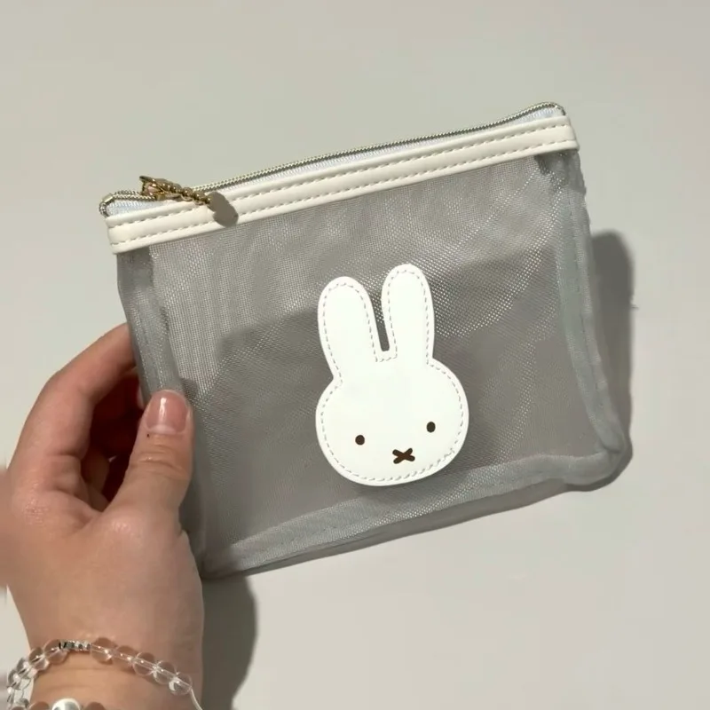 

New Kawaii Miffy Rabbit Cute Cartoon Embroidered Mesh Makeup Bag Lipstick Air Cushion Storage Bag High Beauty Girl Gift