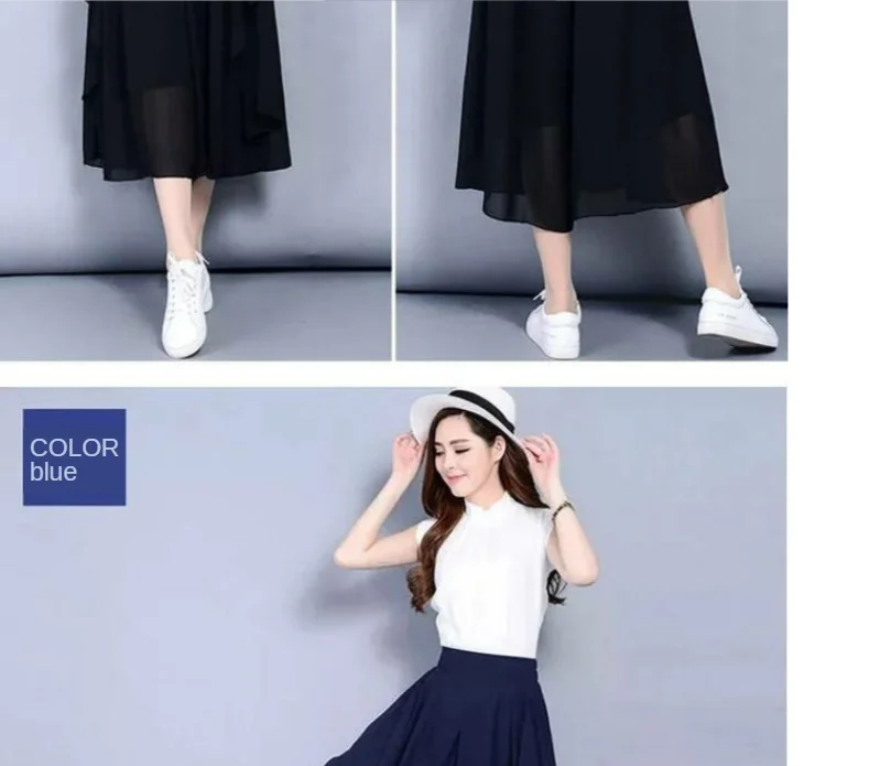 Elastic High Waist Slim Elegant Chiffon Capris Female Pants Skirts Women Summer Wide Leg Medium Long Leisure Loose Trousers
