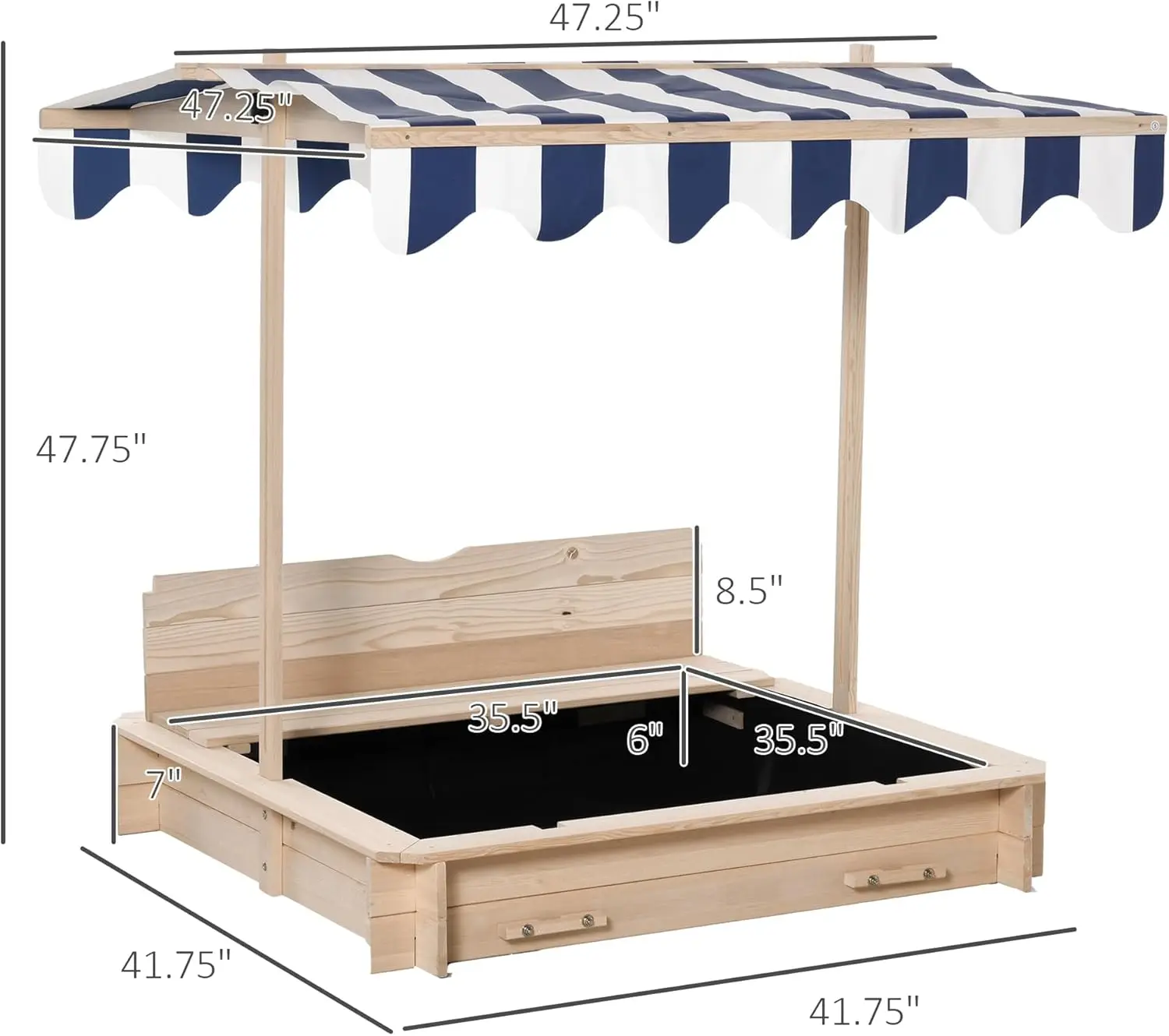 Wooden Kids Sandbox with Cover, Children Outdoor Sand Box with Foldable Bench Seats, Adjustable Canopy, Bottom Liner for Outdoor