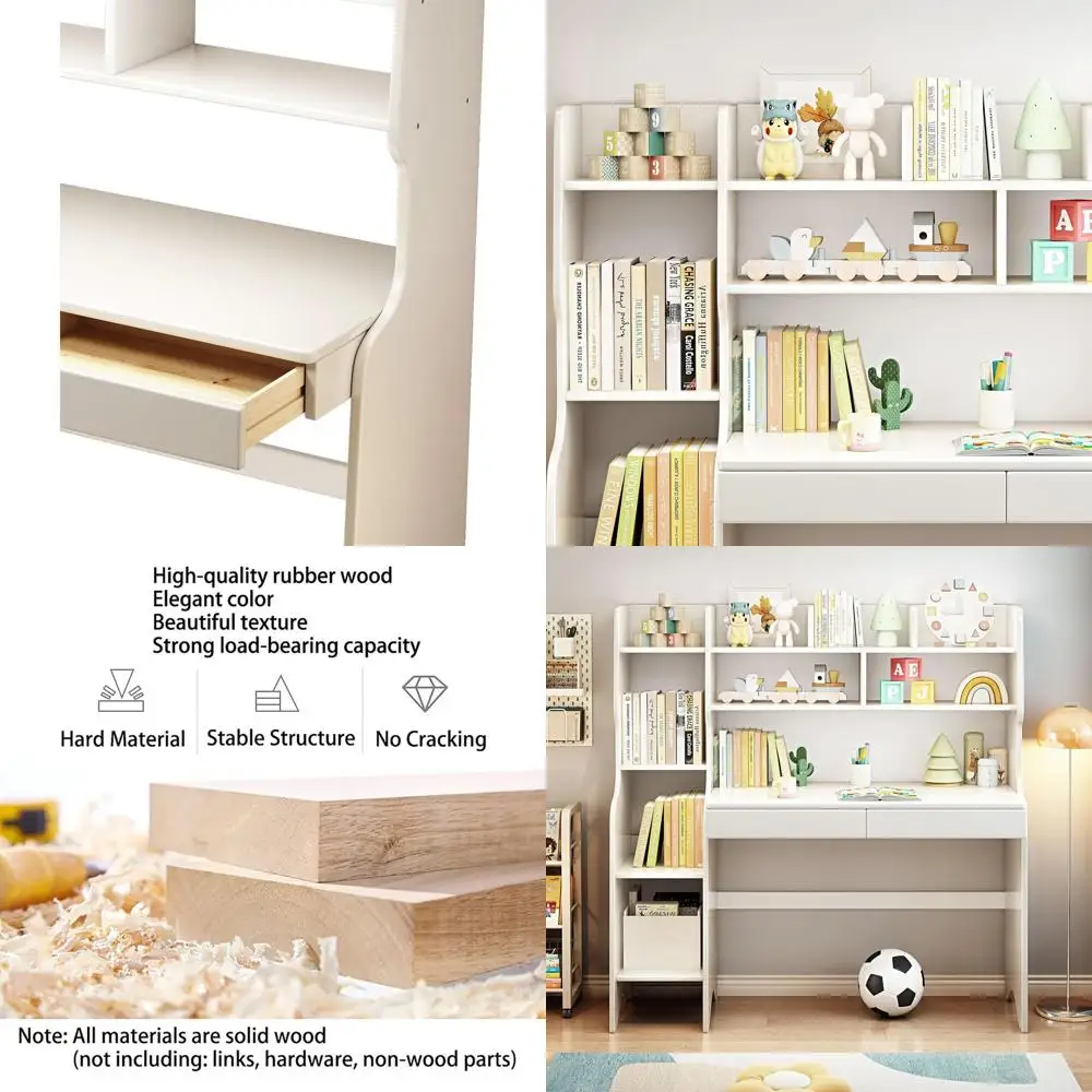 

White Wooden Kids Desk with Storage, Bookshelf, and Computer Workstation for Learning and Writing