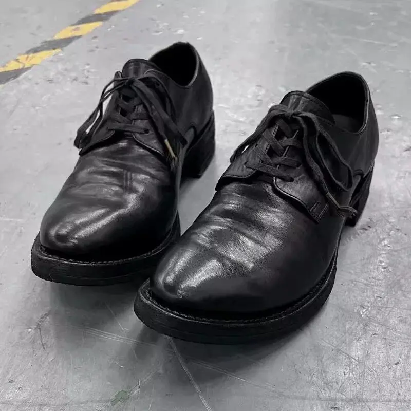 Retro Washed Leather Shoes Men's Casual Pointed Toe Vintage Feel British Style Super Fibre Leather Upper Rubber Sole