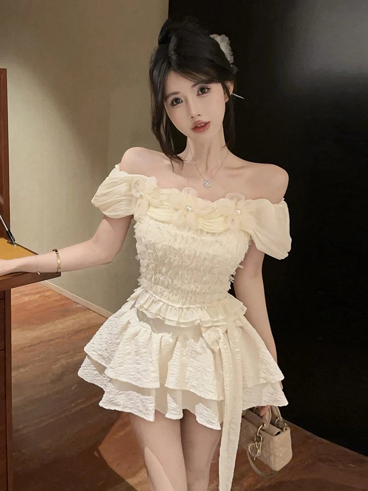 Sweet Fitted Cake Skirt Set with Pearl Embellied Top And High Waist Layered  Dr Tee Piece Women's Faion Ensemble
