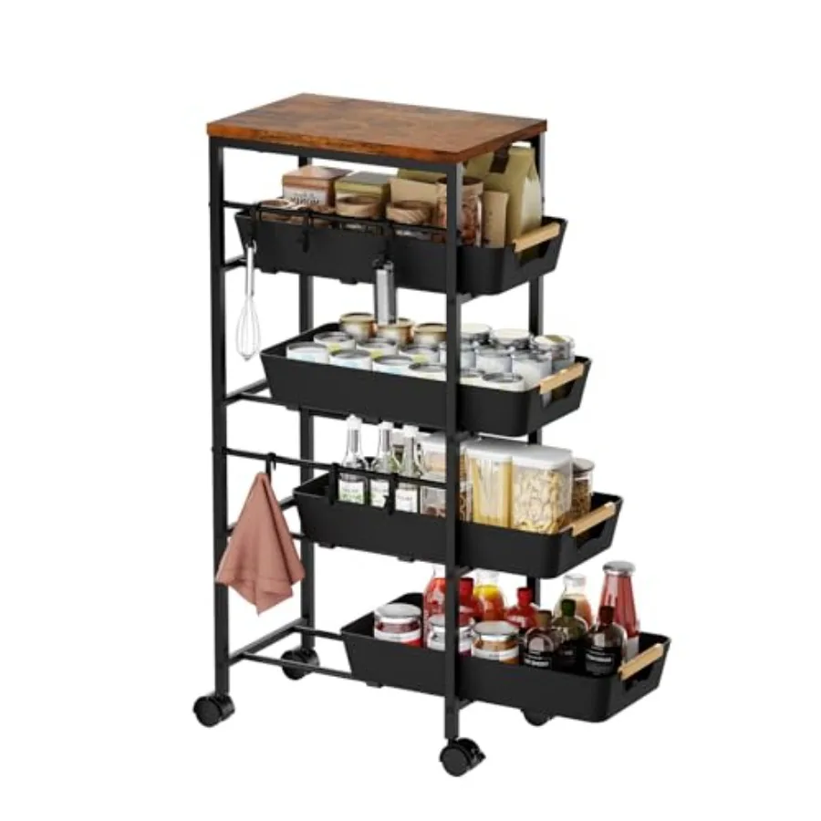

5-Tier Slim Storage Cart Wooden Top Rolling Kitchen Cart with Pull-Out Baskets and Wheels Narrow Space Utility Cart Slide Out O