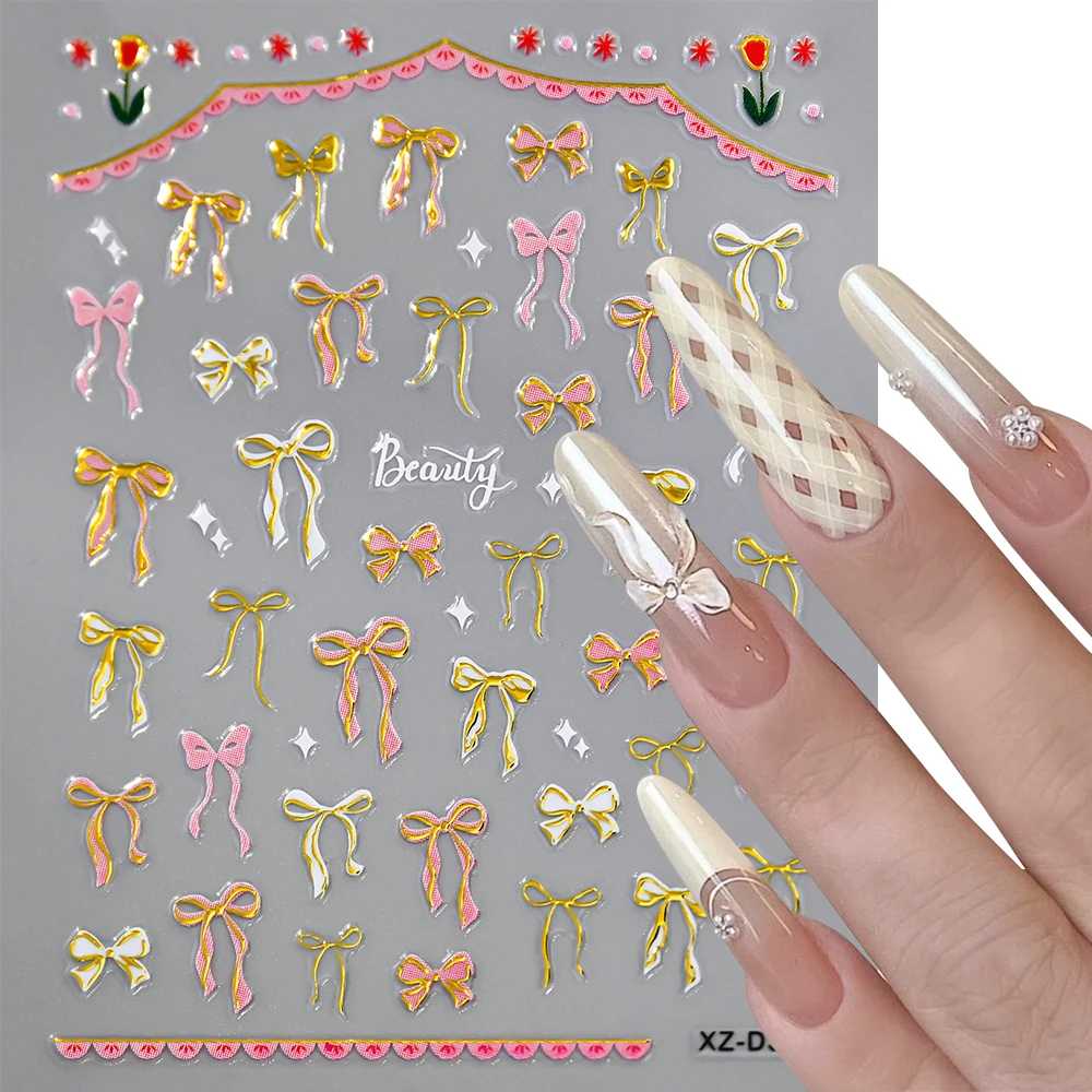 6Pcs Bronzing Butterfly Bowknot Nail Sticker Glossy Pink Red Ribbon Bow Nail Decal 3D Sweet Cool Butterfly Bowknot Nail Sliders
