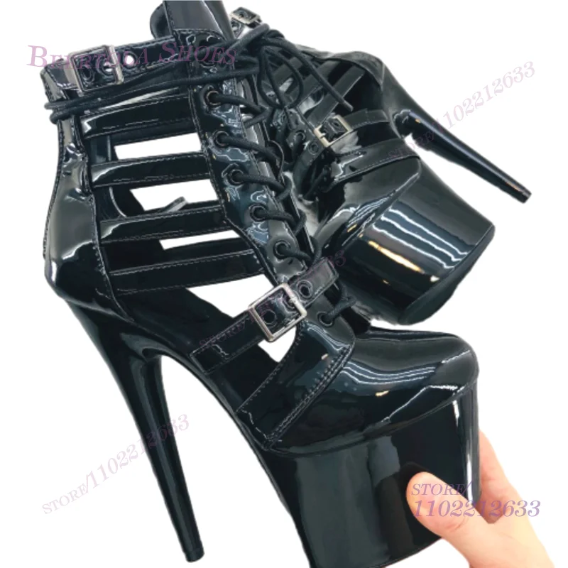 Pink Patent Leather Striped Hollow Mesh Sandals Girls Cute Light Color 20Cm Dance Heels Black Platform Stiletto Lace Zipper Shoe