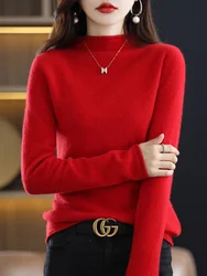 2023 New Fashion Women Sweater 100% Merino Wool Tops Jersey Mock Neck Long Sleeve Pullovers Spring Autumn Winter Jumper Knitwear