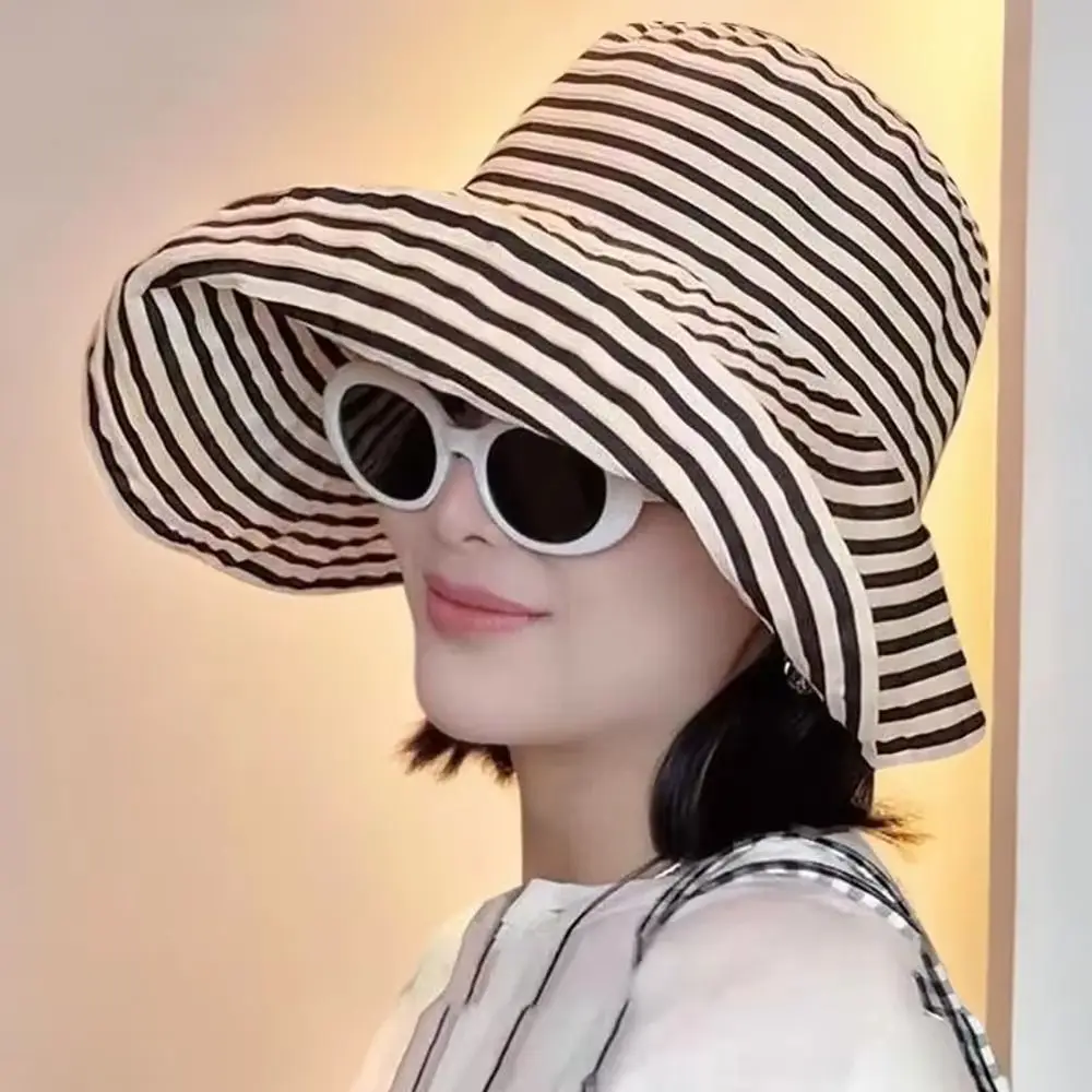 1 قطعة دائم Sunproof مخطط قبعة بحافة محيط الرأس الكبير طوي قبعة صيفية موضة ريترو واقية من الشمس حوض قبعة النساء