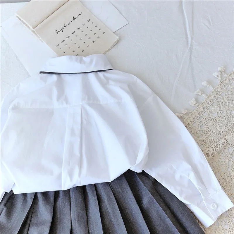 Fashion Korean Long Sleeve Blouse Cardigan skirt with Necktie Fall Little Girls Clothes School Uniform Children Outfit