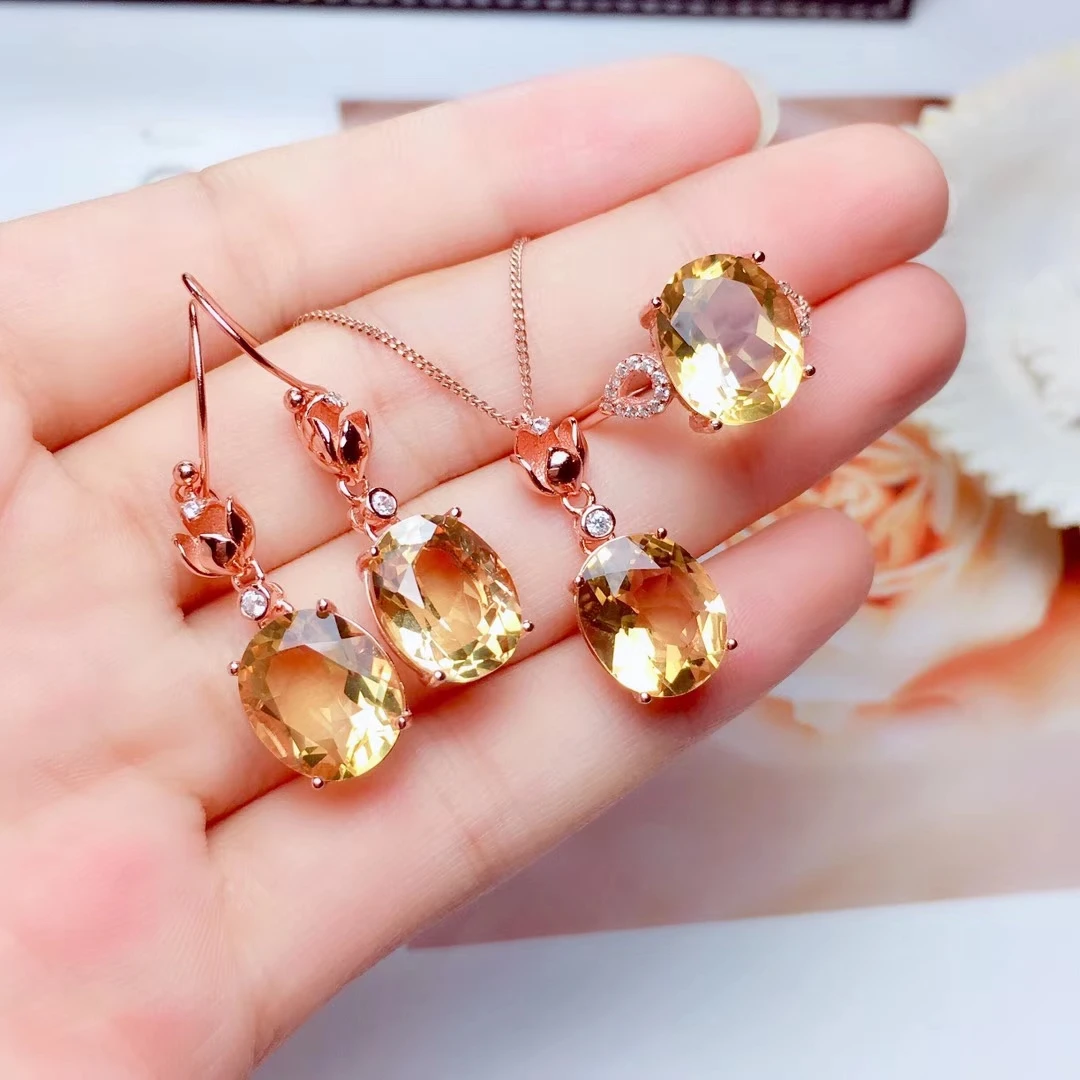 

Fireworks Natural Citrine Jewelry Set 925 Silver Necklace Earrings Ring Three-piece Suite Wedding Jewelry for Women