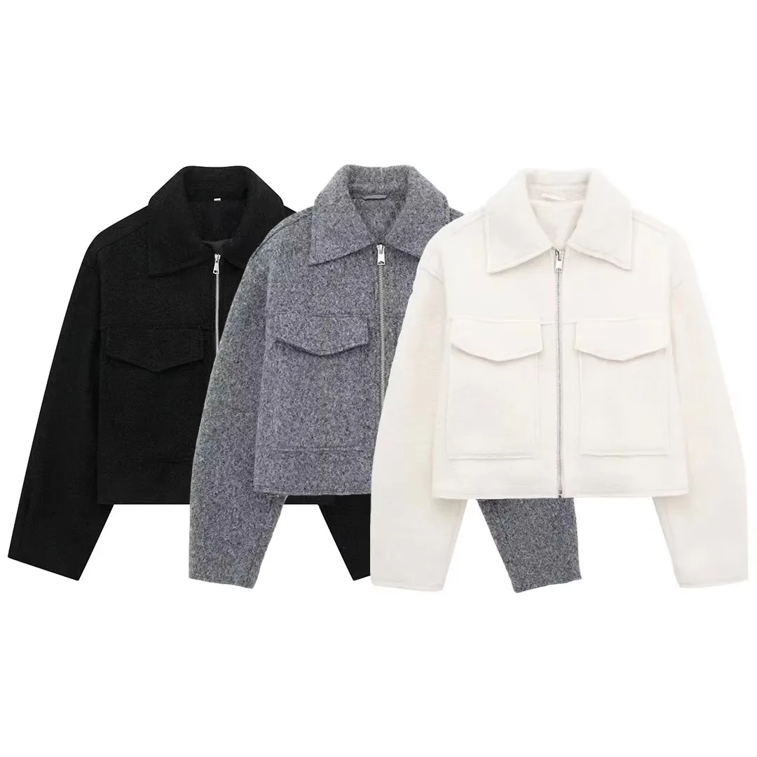 

HH куртка для женщин, осеннее однотонное пальто с длинными рукавами и лацканами, передний карман на молнии, куртки-бомберы, женская мода 2024, уличная одежда