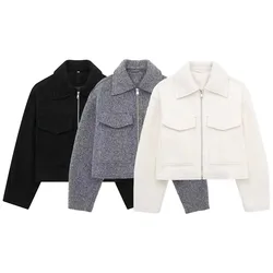 HH Jacket For Women Autumn Solid Long Sleeve Lapel Coat Front Pocket Zipper Bomber Jackets Female 2024 Fashion Streetwear