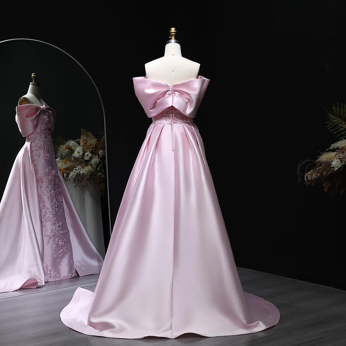 Sharon Said Elegantes Abendkleid in Übergröße mit rosa Schleife, schulterfrei, luxuriöse 3D-Blumen, Damen-Partykleid, Ballkleid XD056, maßgeschneidert – Detail 11