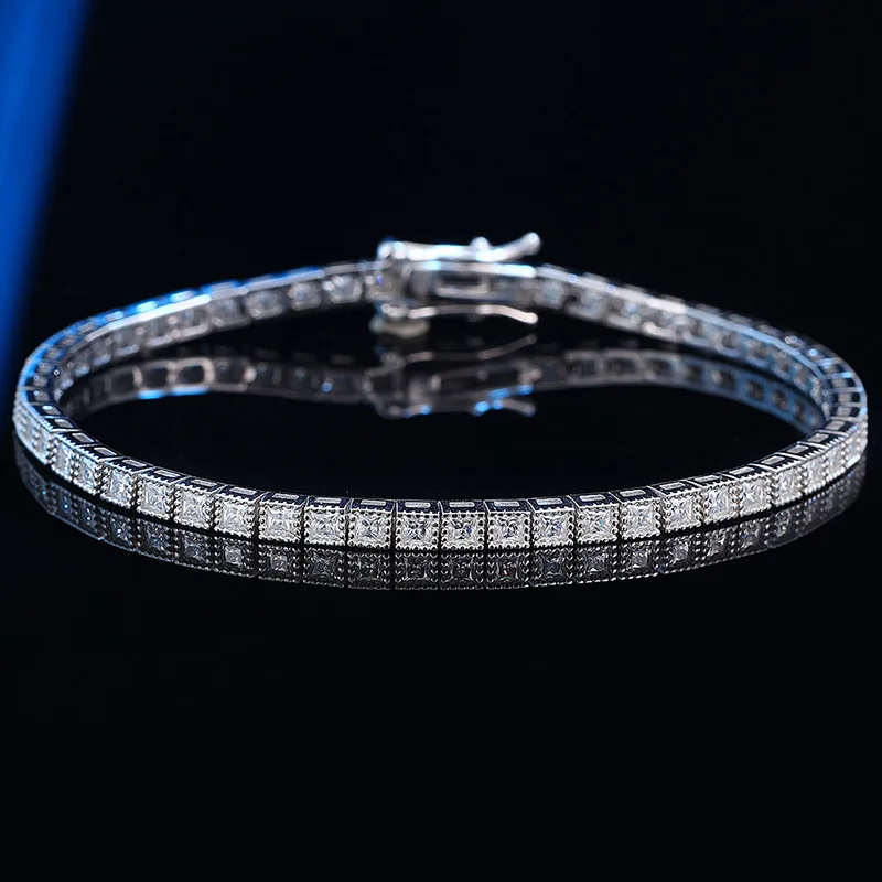 

Luxury Solid Platinum PT950 Women's 2MM Moissanite Diamond Princess Square Bracelet Full Diamond Bracelet