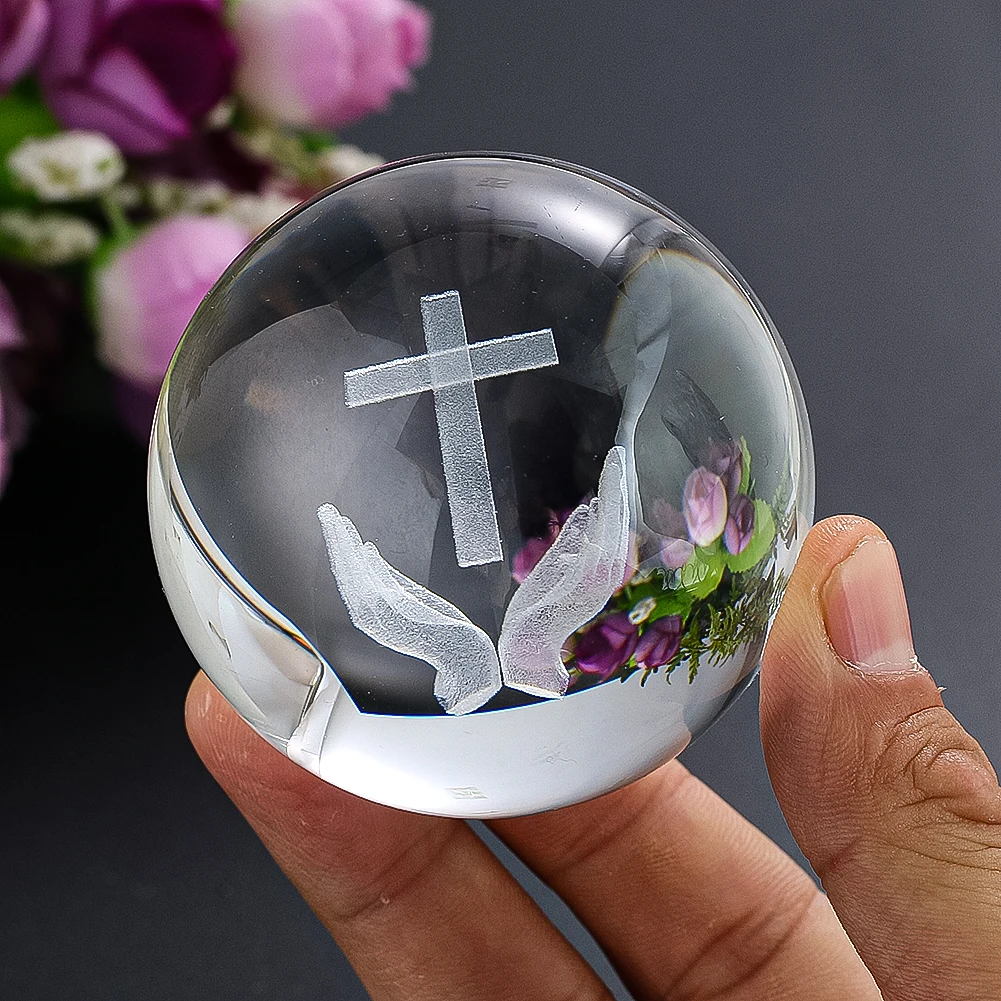 Christian Jesus Cross Crystal Ball Church Figurine 3D Laser Engrave Ball Religious Christian Gifts Glass Paperweight Home Decor