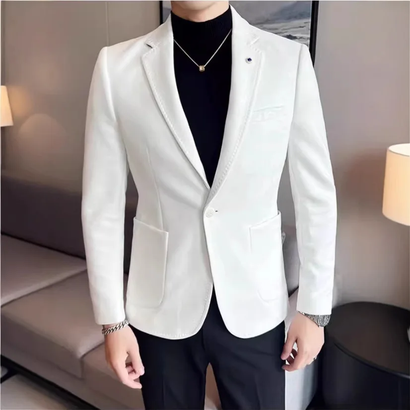 

Мужской осенне-зимний приталенный блейзер в корейском стиле из замши, синий, модный, на одной пуговице, для делового повседневного стиля