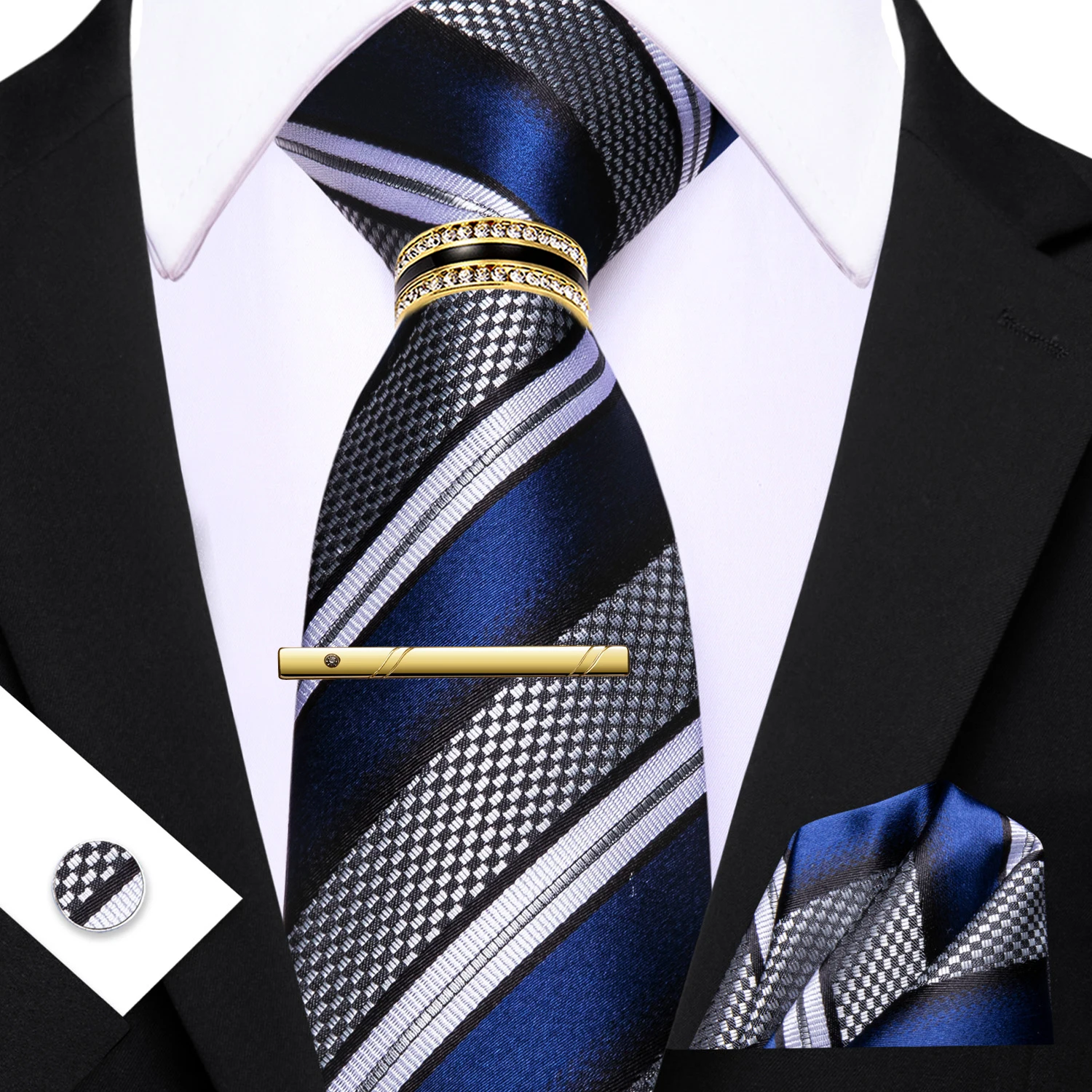 gravata-masculina-cinza-azul-vermelho-listrado-moda-lacos-lenco-abotoadura-clipe-anel-conjunto-festa-de-casamento-evento