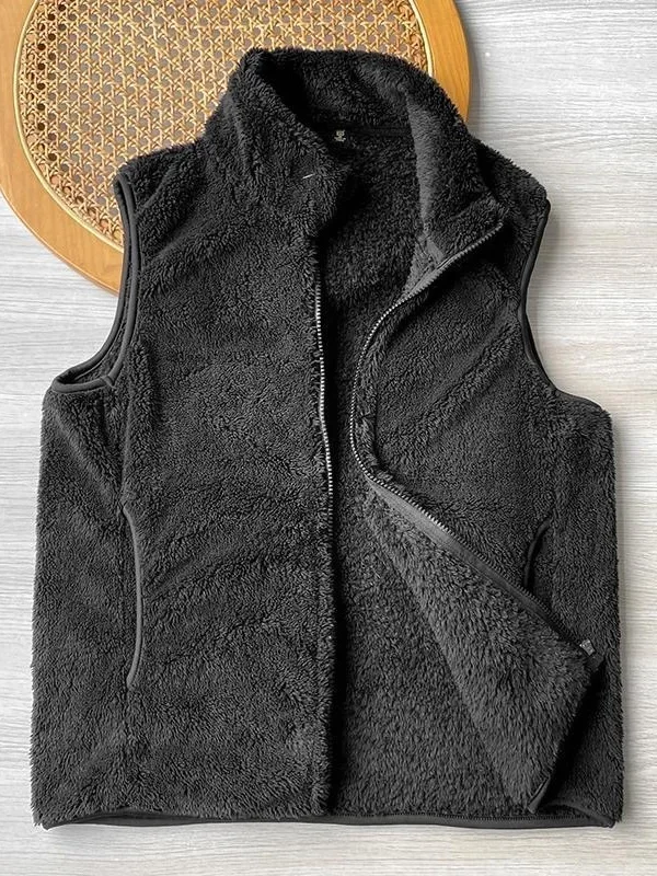 Double-Sided Coral Fleece Stand Collar Vest Men's Retro Soft Warm Pure Color Jacket Youth Casual Winter Fashion China Made