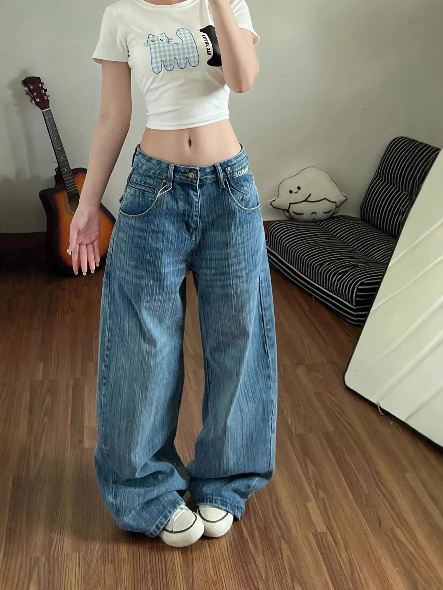 

Джинсы женские больших размеров в американском ретро-стиле с пуговицами, из денима с бамбуковой текстурой, летние, свободные, повседневные, прямые, широкие штанины, с эффектом потертости