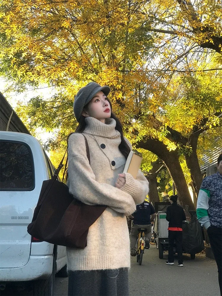 

Ele женский вязаный свитер, свободный крой, длинный свек, смесь шерсти из полиэстера, удобный ленивый комплект из двух предметов, осень-зима...