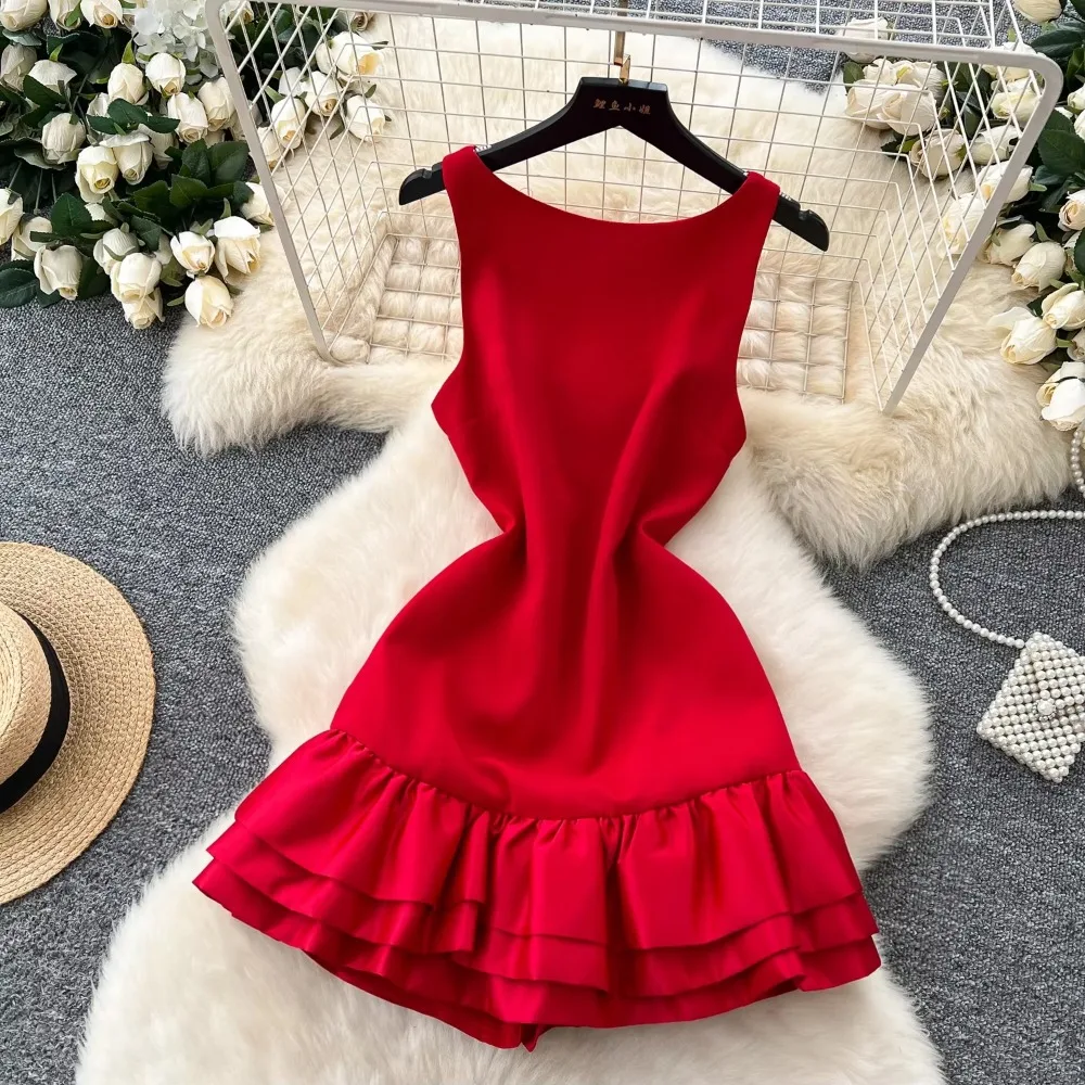 Elegante O-hals Vintage Mouwloos Chique Ruche Sexy Backless Slanke Potlood Korte Jurken Franse Zomer Dames High Street Kleding