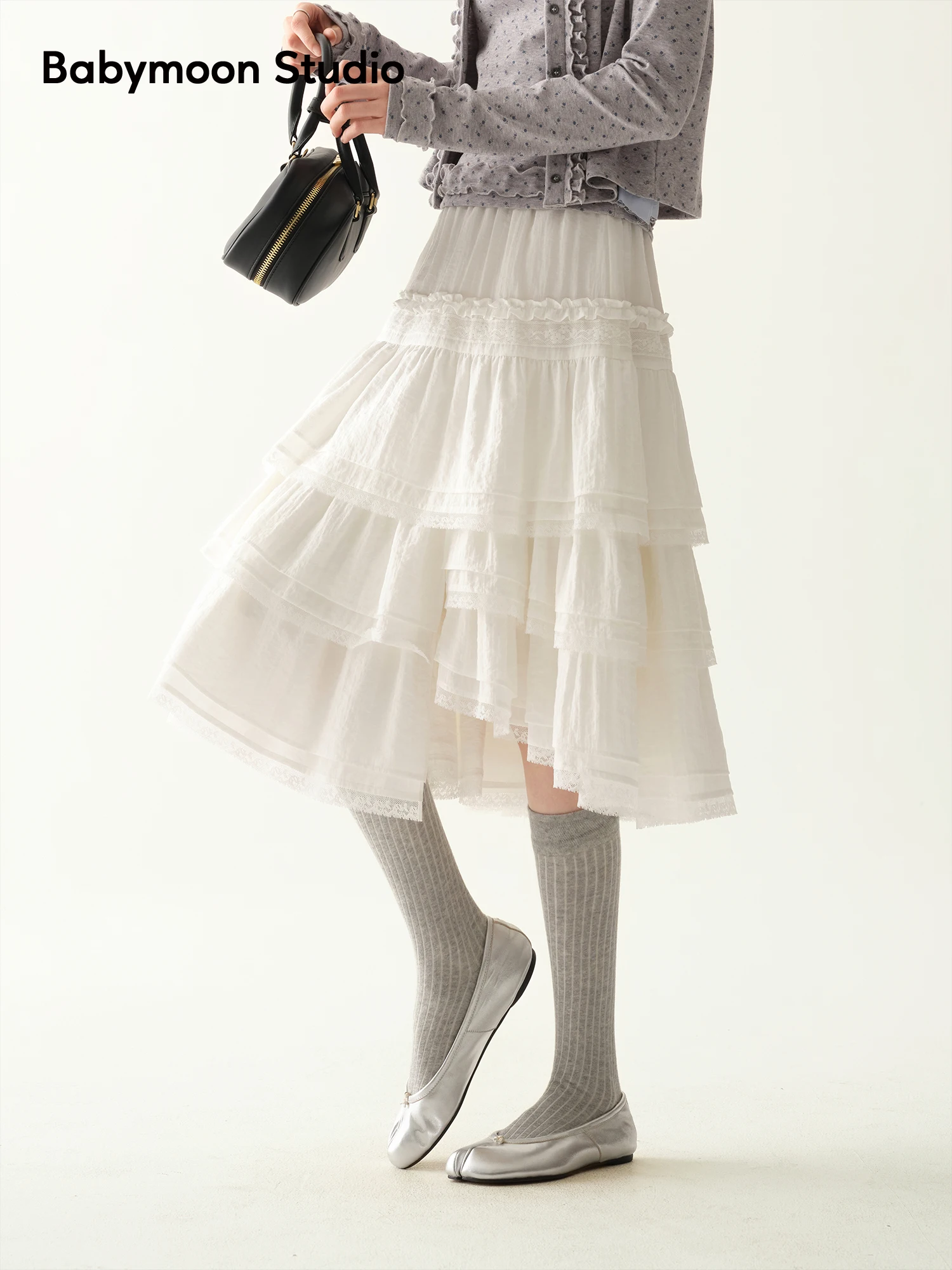 

Babymoon Elastic Waist White Cake Skirt Lace Trim Irregular Beautiful Half Skirt Women's Fashion Spring Season Cotton Blend