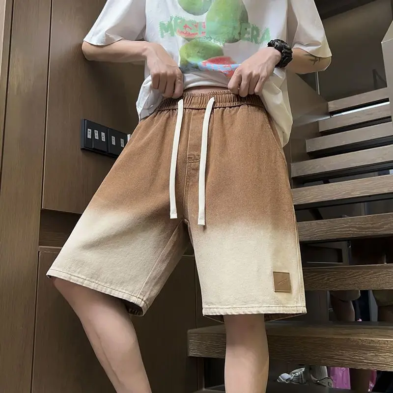 Washed Gradient Pattern Shorts Men's Vintage Hip Hop Straight-leg Pants High Street Loose Elastic Waist Wear-resistant Shorts