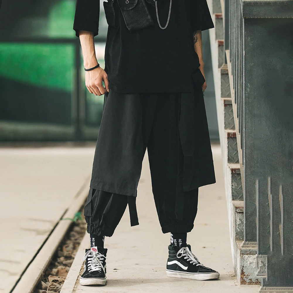 Mens Dark Lace-Up Layered Faux Two-Piece Skirt Pants Streetwear Fashion Niche Japanese Gothic Casual Wide-Leg Pants Men'S Wear