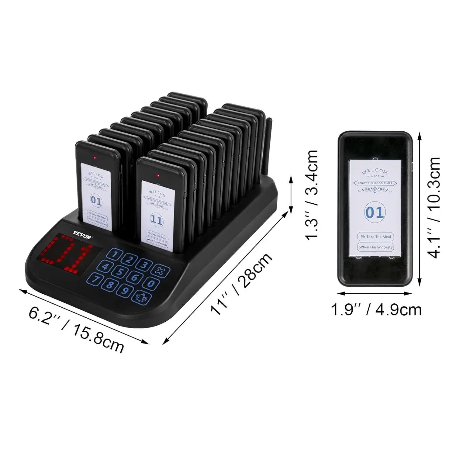 F103 Restaurant Pager System 20 Pagers, Max 98 Beepers Wireless Calling System, Touch Keyboard with Vibration