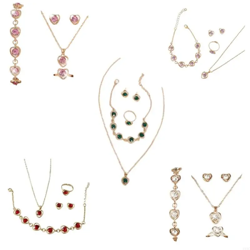 195C Heart Drop Earrings Crystal Chain Bracelet Elegant Heart Pendant Necklace Jewelry Alloy Texture Suitable for Ladies