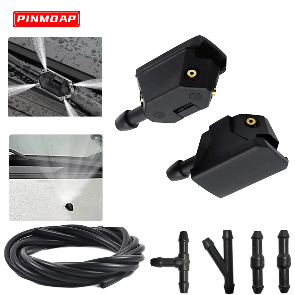 Windshield Washer Nozzles ABS Double Hole Windshield Wiper Nozzle Rubber Hose Connector Freely Adjustable Water Jet Spray