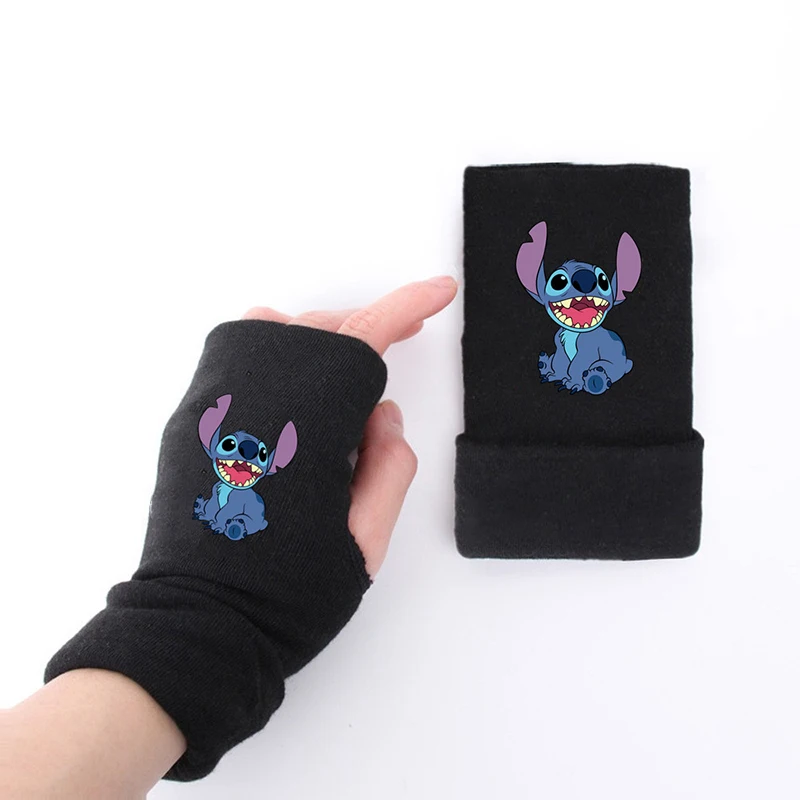 Disney Lilo and Stitch Cotton Gloves Cartoon Anime Figure Mittens Knitted Printing Fingerless Glove Winter Warm Students Writing