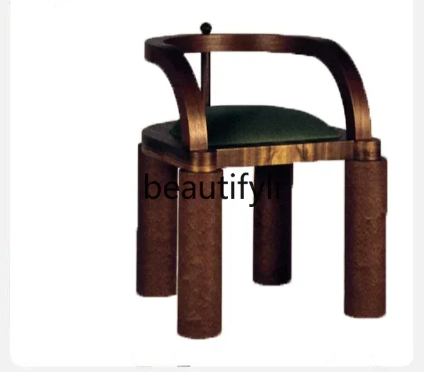 03 Nordic light luxury solid wood designer retro restaurant cafe flannel simple medieval armrest back chair