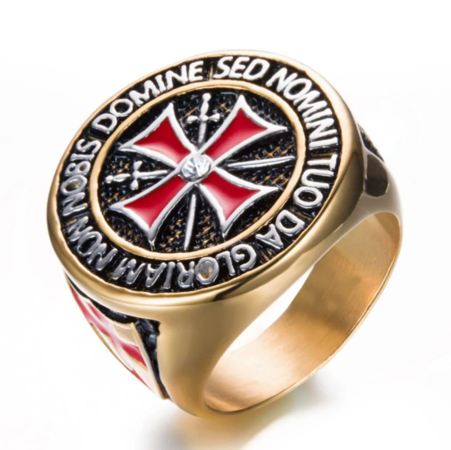 Mens Stainless Steel Gold Silver Diamond Ring Red Knight Templar Crusader Cross Ring Domineering shield Templar Knight Ring