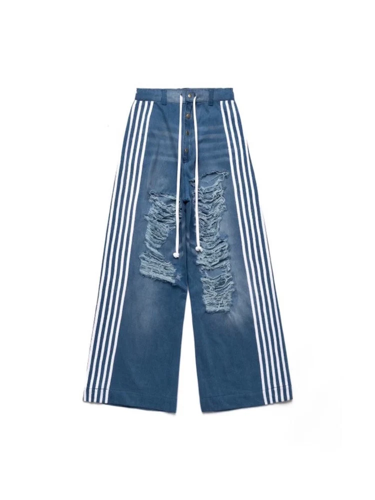 

Yori Sport Heavyweight Washed Blue Jeans High Waist Torn Hole Wide Leg Pants Loose Fit Punk Style Summer Jeans for Teens