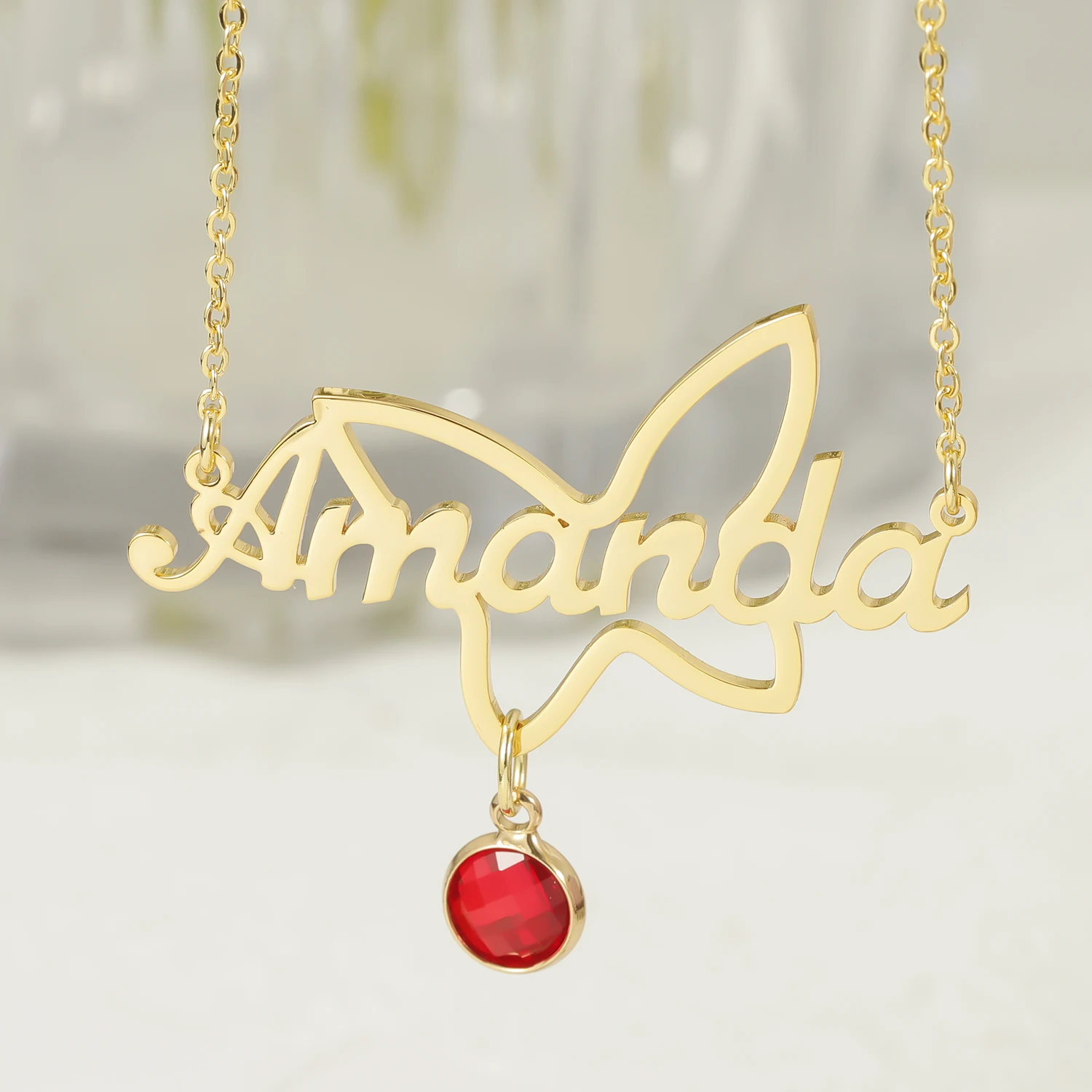 Butterfly Pendant Stainless Steel Name Necklaces for Women Personalized Customized Nameplate Necklace with Birthstone