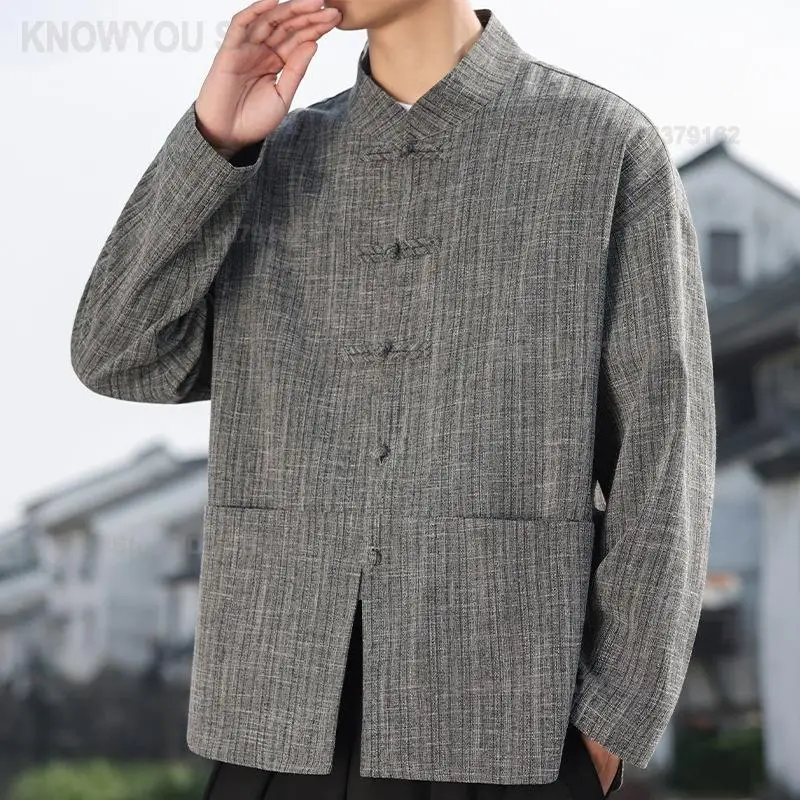 2026 Autumn New Men Chinese Style Retro Frog Button Shirt Modified Hanfu Loose Casual Tang Suit Long Sleeve Top Daily Outerwear