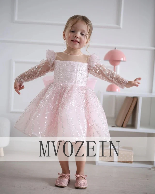 

First Communion Dress Girls White Sequined Princess Dress with Big Bow Long Puff Sleeve Tulle Flower Girl Wedding Dress for Kids