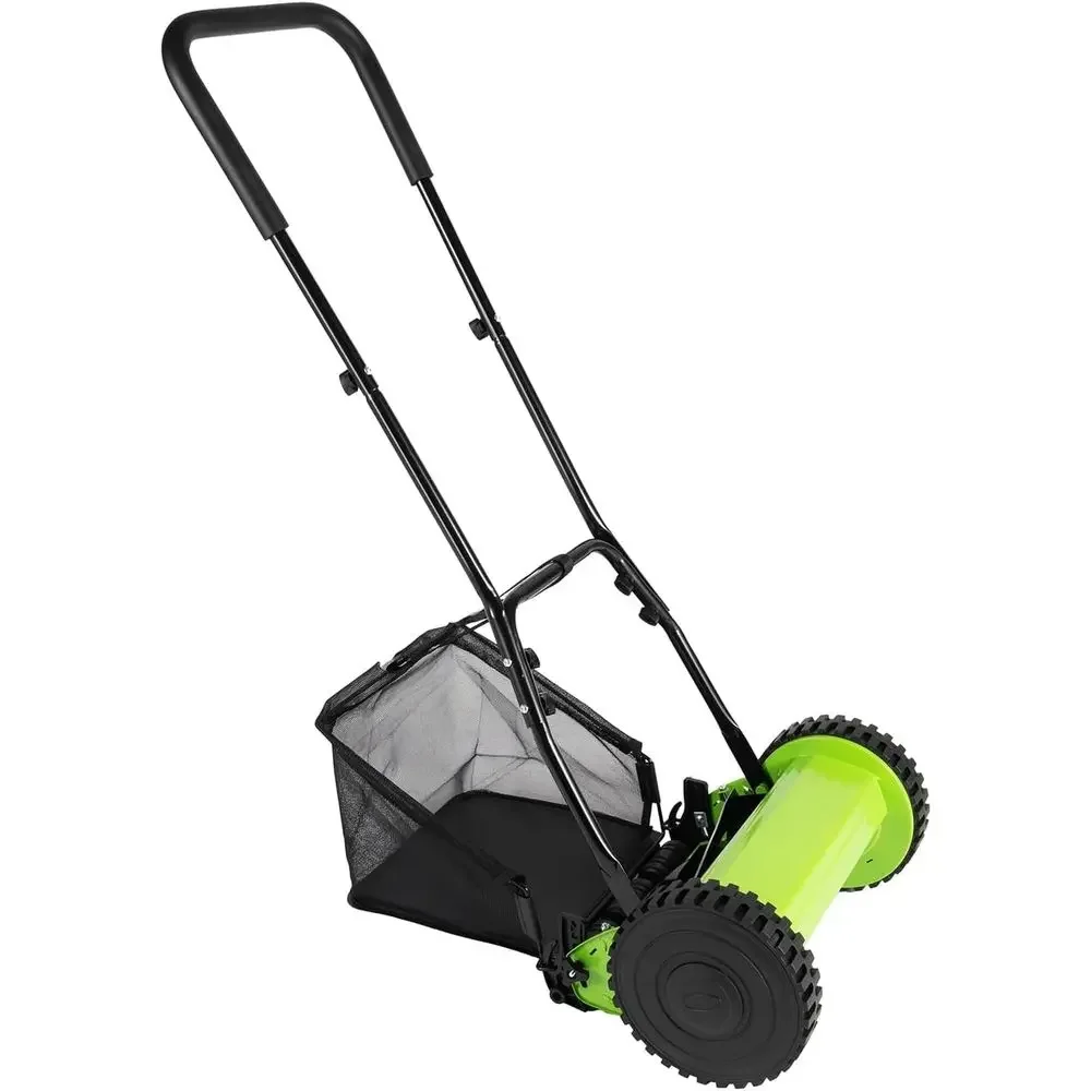 

12 Inch 5 Blade Manual Walk-Behind Lawn Mower with Height Adjustment and Removable Grass Catcher