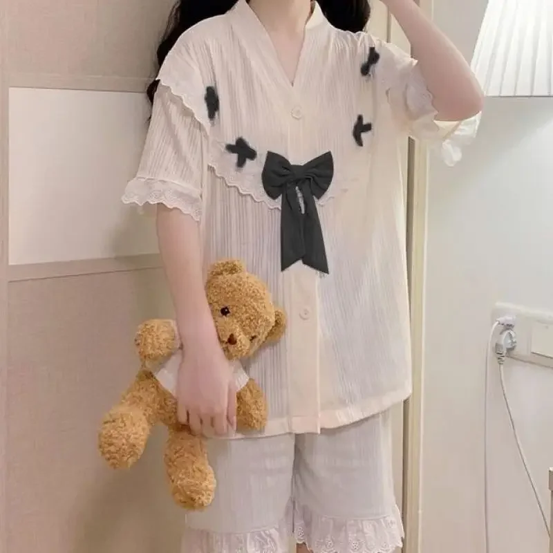 Miniso Hellokitty Pajamas Cartoon Figure Kitcat Plaid Printing Summer Cardigans Short Sleeves Short T-shirt Cute New Homeclothes